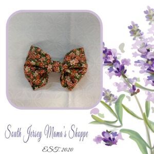 Vintage Fabric Bow Black & Tiny Salmon Flowers & Hunter Green Leaves 100% Cotton